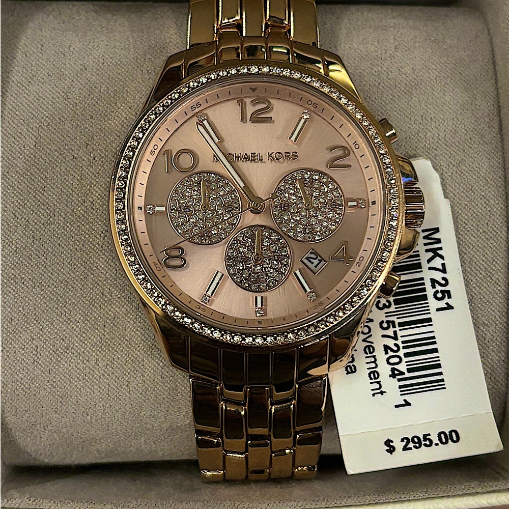 Brand New 100% Authentic, MICHAEL KORS Rose-Gold Crystals Women’s MK7251 Watch.
